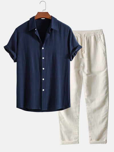 Linen rayon blend button-up shirt and straight-leg linen trousers