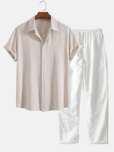 Linen rayon blend button-up shirt and straight-leg linen trousers