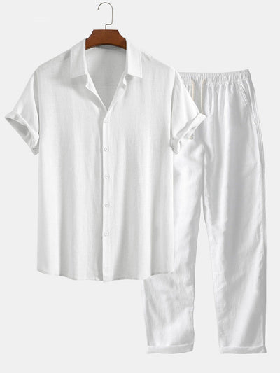 Linen rayon blend button-up shirt and straight-leg linen trousers