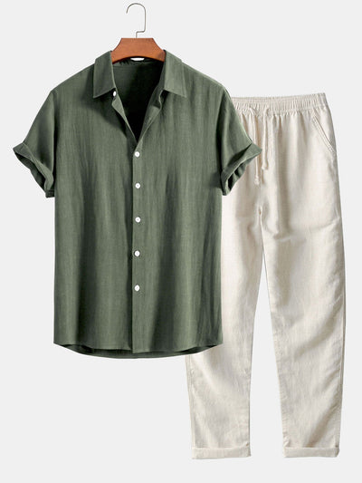 Linen rayon blend button-up shirt and straight-leg linen trousers