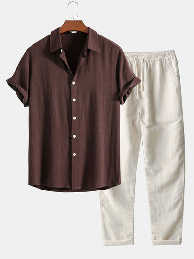 Linen rayon blend button-up shirt and straight-leg linen trousers
